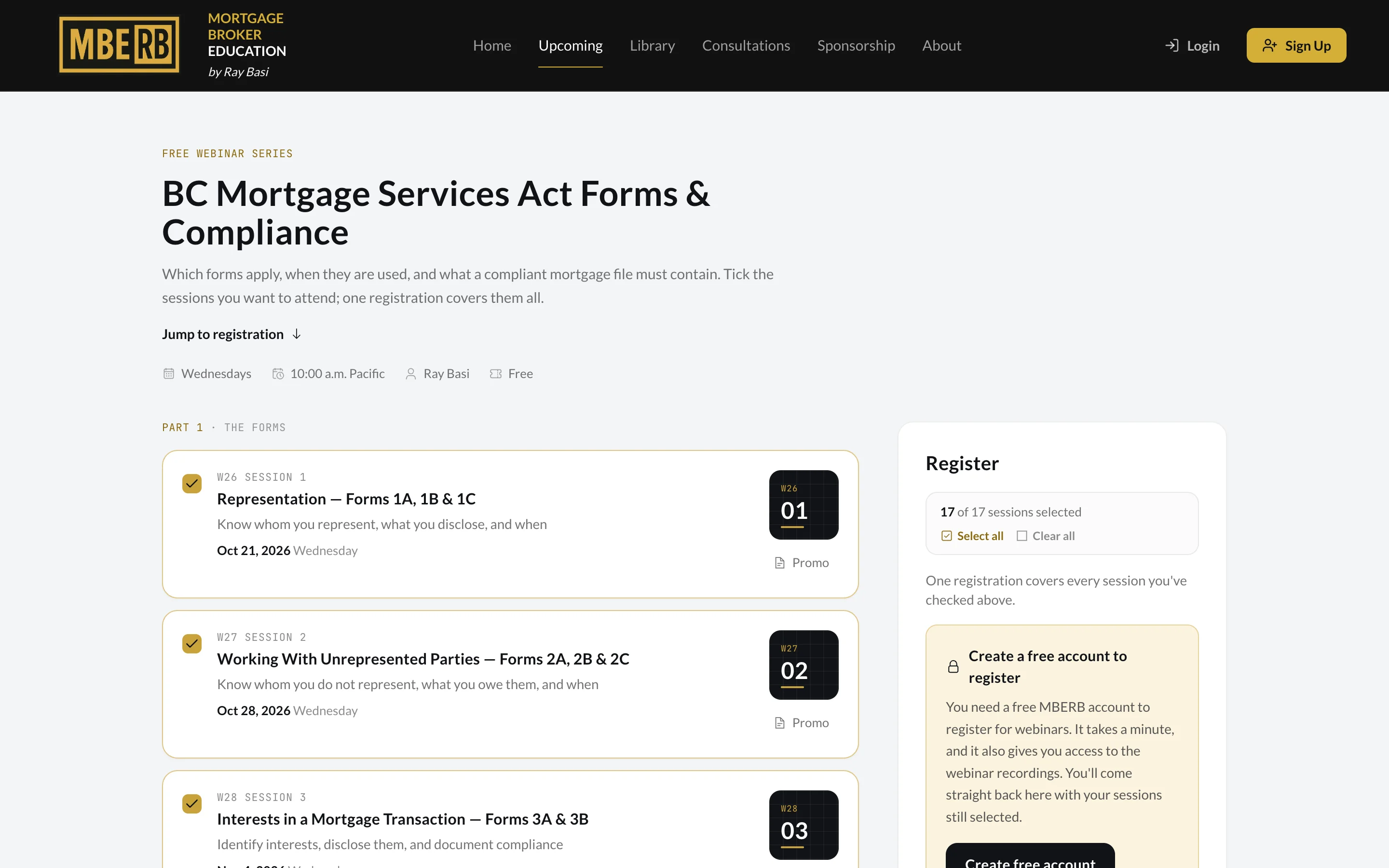 The mberb.com series page, where brokers tick the sessions they want and register once