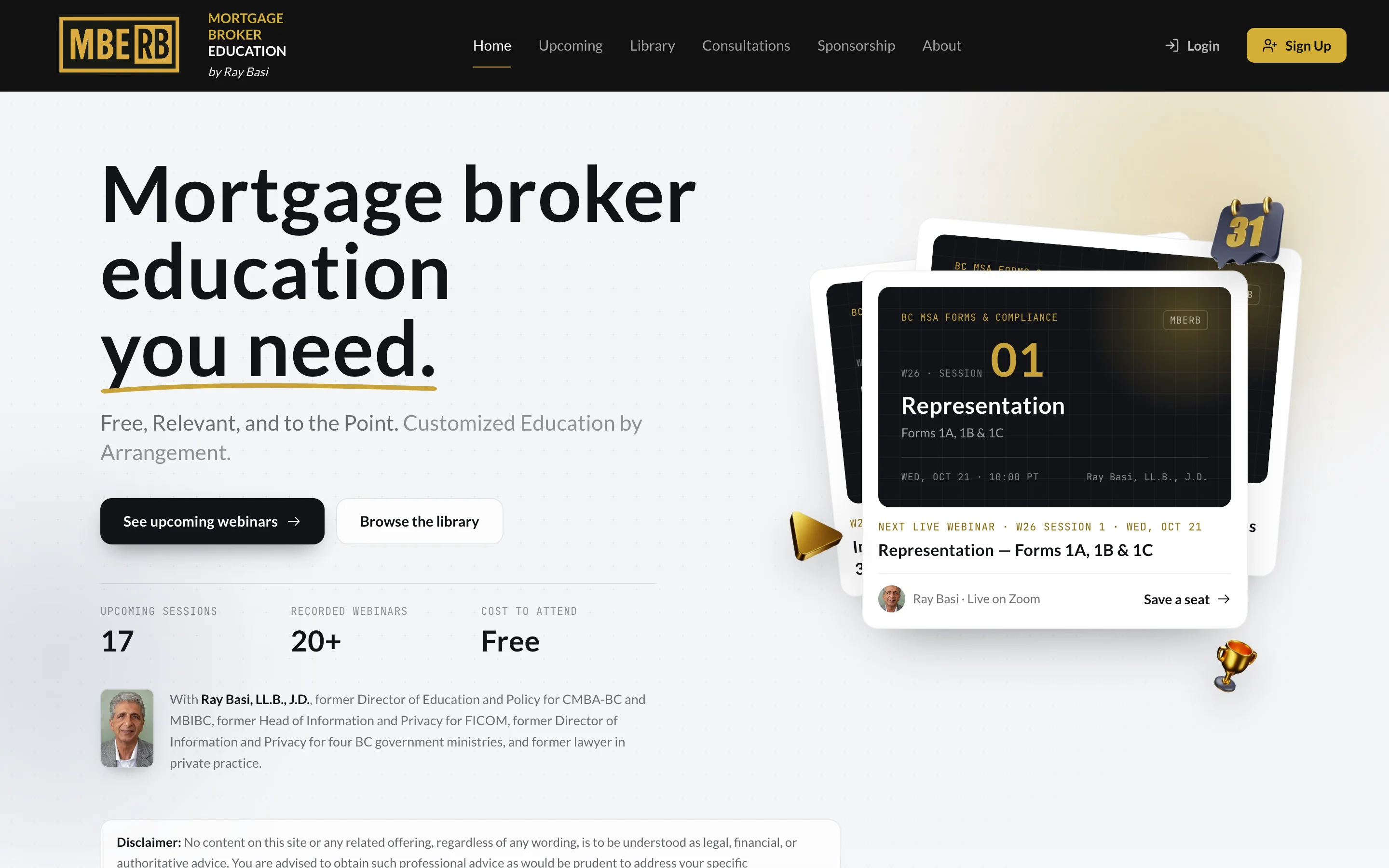 The mberb.com homepage showing the next live session in the BC Mortgage Services Act webinar series